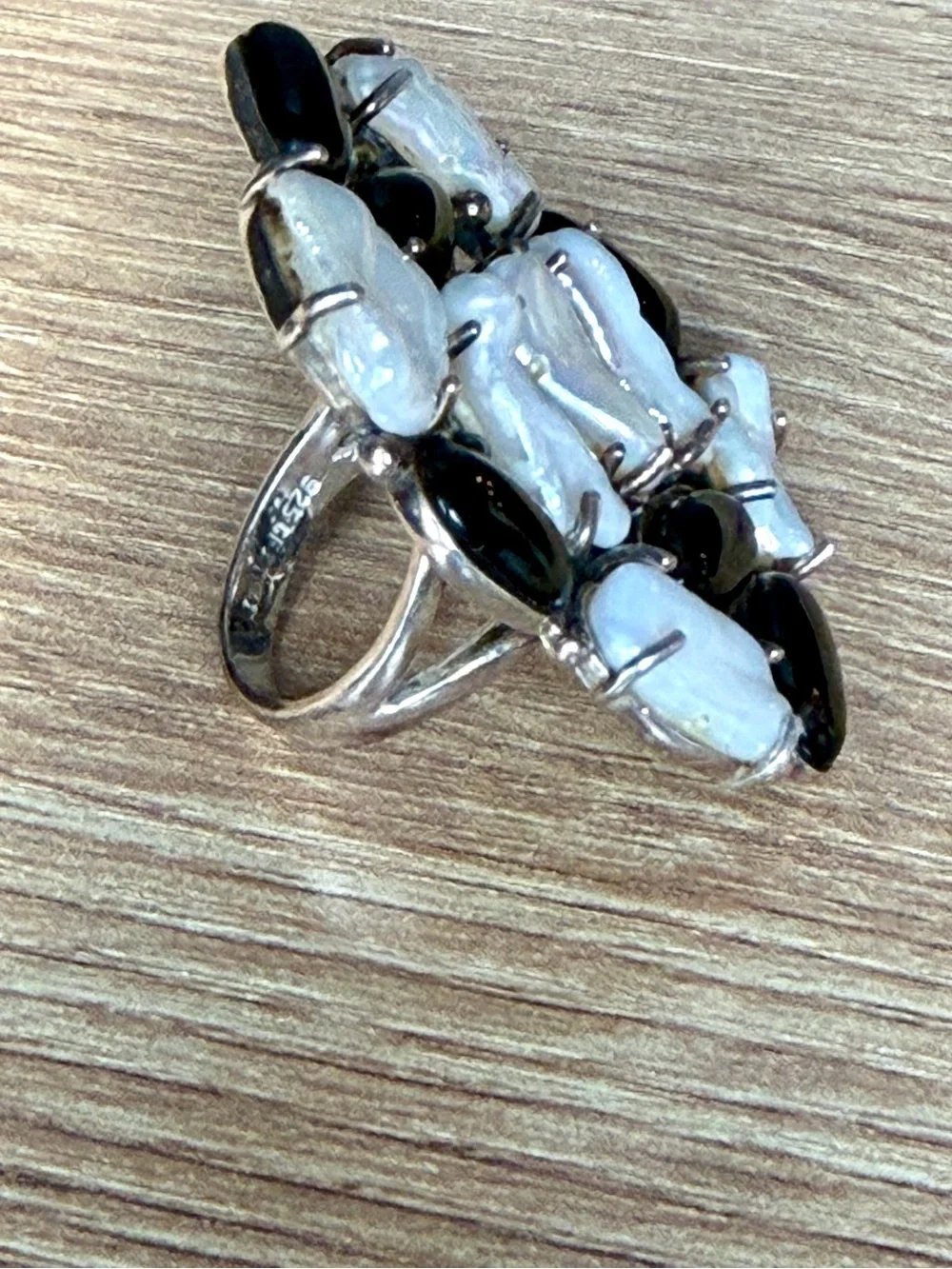 Vintage CFJ THAI 925 Sterling Silver Baroque Pearl Black Onyx Cluster Ring Sz 8